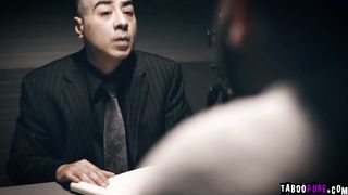 Emily grabs Chad hard cock for a sloppy blowjob