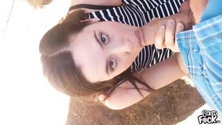 Blowing a fat cock with a facial outdoors