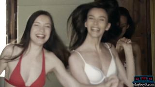 Three lesbian girlfriends in outdoor fun