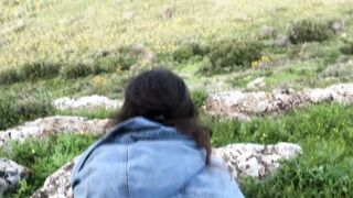 Public sex on the mountain. Girl sucks cock and cums.