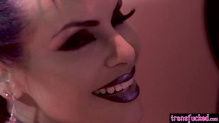 Big tits girl banged by two hot shemales