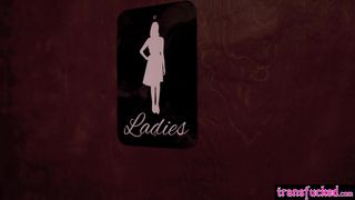 Big tits girl banged by two hot shemales