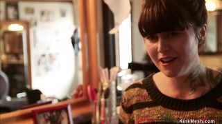 Blindfolded slut in device bondage