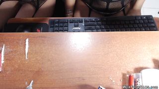 Lesbian camgirl shoves panties up ass