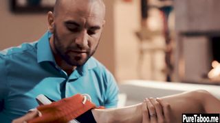 Sweet babe swallows big hard cock before threesome