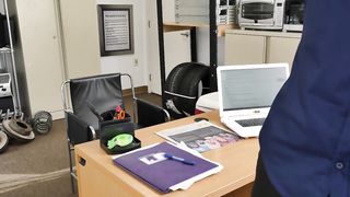 Teen babe sucks the agent's finger before his cock