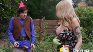 Busty MILF fucks lawn gnome in bedroom