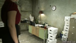 Blonde fucks machines in the office