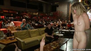 Blonde group fucked in public theater