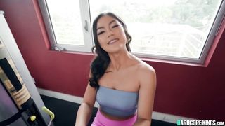 Hairy pussy Asian babe fucked POV