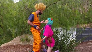 Petite teen Jessie Saint outdoor blowjob