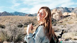 Horny brunette toys during hike