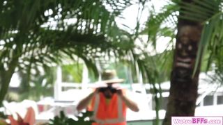 3 bffs take turns sucking gardeners cock