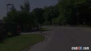 Blonde teen rides her BF big cock in public