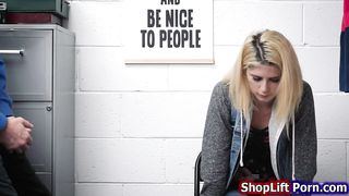 Blonde shoplifter sucking security guard