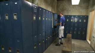 Shemale anal fucks man in locker room