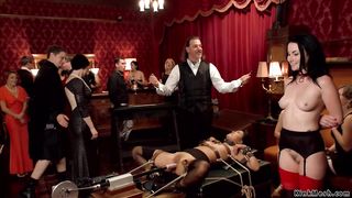 Asian fucks machine at bdsm party