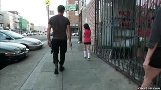 Slim sub gets giant dick anal in public