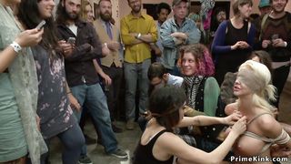 Busty blindfolded slut public disgrace