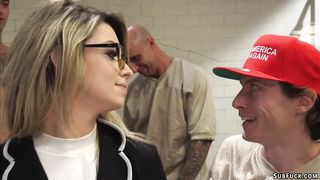 Blonde journalist double penetrated