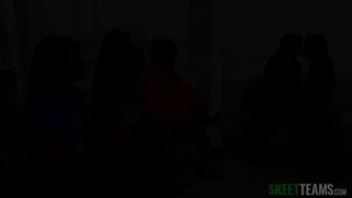 Posh lesbian chicks group teasing kissing tits