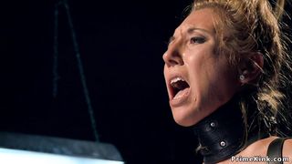 Bound babe in leather made fuck Sybian