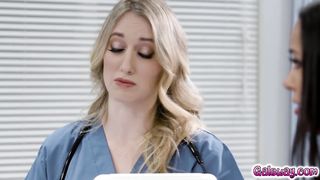 Ladies stumbles on bed and get heated