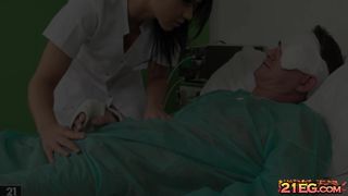 Brunette nurse in stockings blows her hot patient