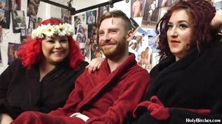 Two fat dominas strapon-fucking their slave