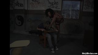 Black domina pegging her sissy slave