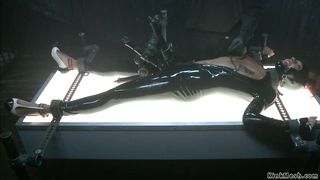 Shackled ebony in latex pussy vibed