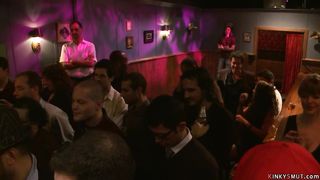 Busty slaves fucking in public bar