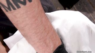 Shackled hairy twat slave caned