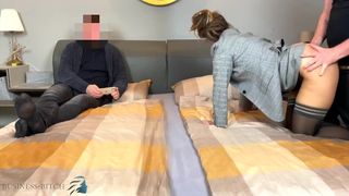 Threesome Sex Meeting - Intern Fucks Female Boss and Shoots Cum on her Pussy - Stranger is Observing