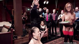 Two anal slaves bang in bdsm party