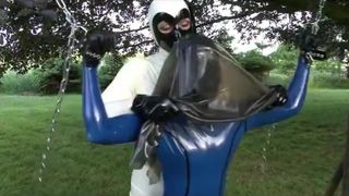 Young Rubber Whore Girl Outdoor Bondage and Breath Control with Latex Sheet Femdom Lesbian Mistress
