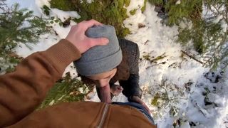 18 PUBLIC OUTDOOR - YOUNG BLOWJOB IN a BEAUTIFUL SNOWY LANDSCAPE, SQUIRT HANDJOB