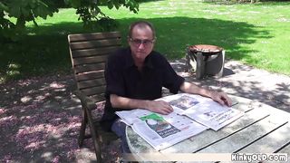 Busty inked punk teen fucks an old grandpa outdoor