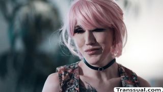 Pink haired TS lets stepbro fuck her ass