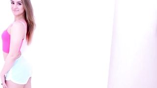 Beautiful babe with sexy body sucks cock in studio