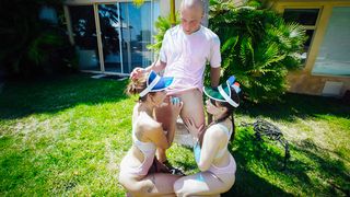 Three besties capture and suck off a guy