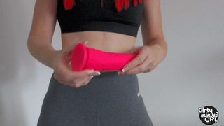 Teasing and sucking dildo in tight sport leggings