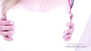 Hottie uses feet with pink socks on cock in studio