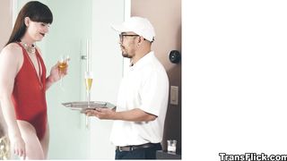 Gabi sinks Natalie's cock into her pussy