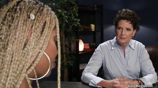 Ebony sex therapist fucks and whips cougar