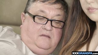 Chubby teen piglet riding on old grandpa