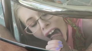Skinny geek stepmom taboo BJ under the glass table