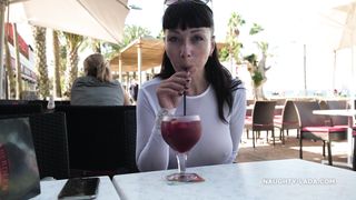 I walk in the city wearing see-trough dress