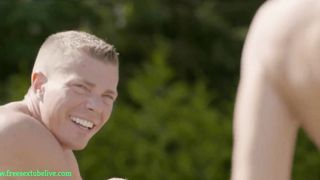 3 teens suck one cock on the tennis field