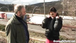 Smoking teen and old dick get it on outside